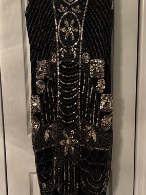 Pretty Guide 1920s Style Flapper Dress Black w/Gold Sequins & Beads-Lg